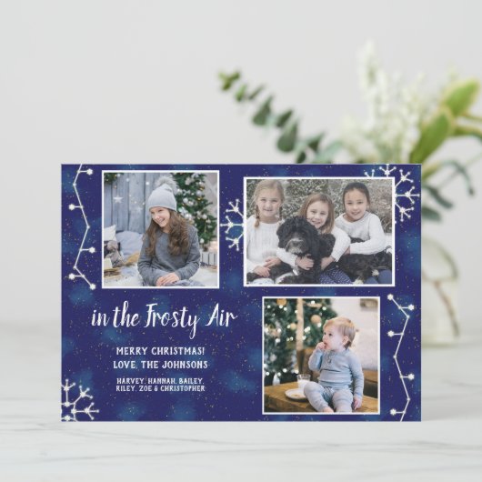 Kerstconstellatie Familie Foto Collage Blue Feestdagenkaart (Staand voorkant)
