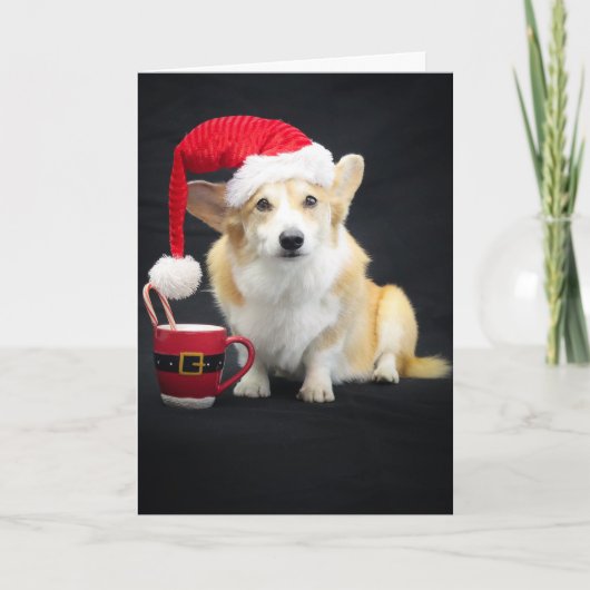 Kerstcorgi in muts met beker en snoepriet kaart (Voorkant)
