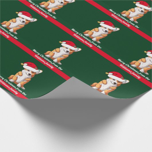 Kerstcorgi in Santa Hat Cute Custom Green Cadeaupapier (Hoek)