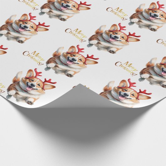 Kerstcorgi met rendiergewei cadeaupapier (Hoek)