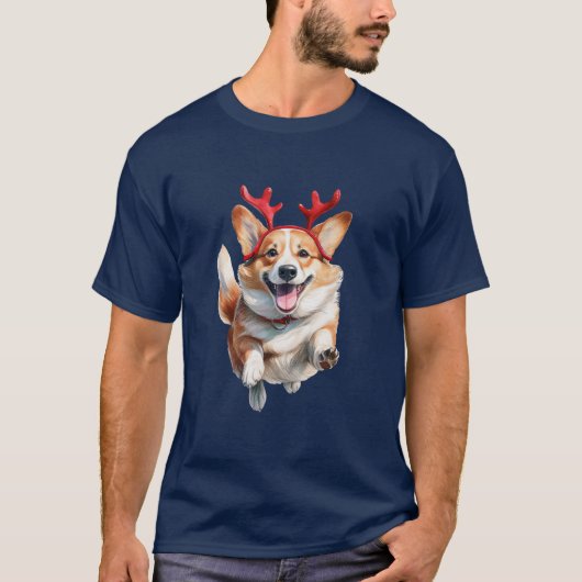 Kerstcorgi met rendiergewei t-shirt (Voorkant)