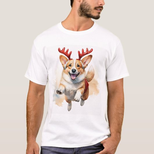 Kerstcorgi met rendiergewei t-shirt (Voorkant)