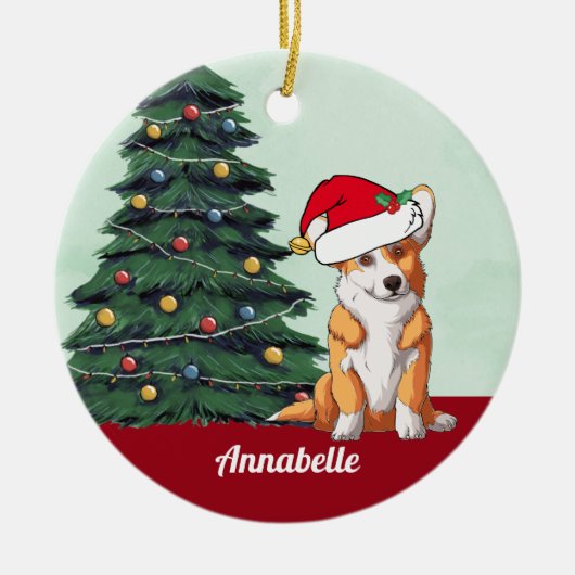 Kerstcorgi met Tail Santa Hat gepersonaliseerd Keramisch Ornament (Voorkant)