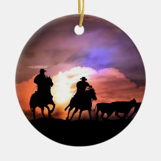 Kerstcowboy rond met vee keramisch ornament (Voorkant)