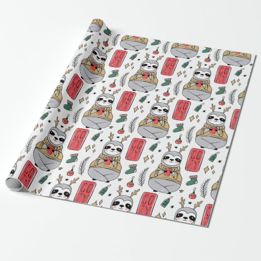 Kerstcozy Winter Sloth Cute Modern Pattern Cadeaupapier (Uitgerold)