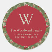 Kerstcranberry Greenery Pattern Adres Ronde Sticker (Voorkant)