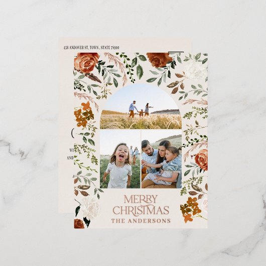 Kerstcrème botanisch elegant hert 3 foto foi folie feestdagen briefkaart (Voorkant / Achterkant)