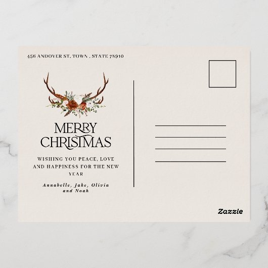 Kerstcrème botanisch elegant hert 3 foto foi folie feestdagen briefkaart (Achterkant)