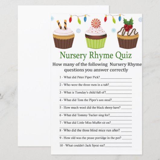 kerstcupcakes Nursery Rhyme Quiz baby shower (Voorkant / Achterkant)
