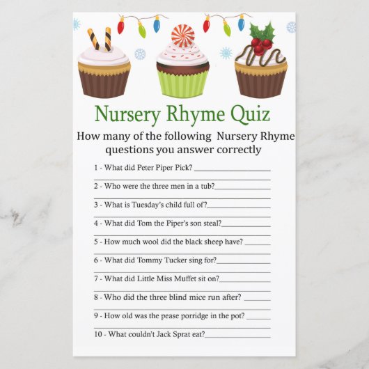 kerstcupcakes Nursery Rhyme Quiz baby shower (Voorkant)