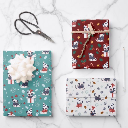 Kerstcute Pug Dog feestelijke drie kleuren Inpakpapier Vel (Voorkant)