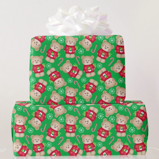 Kerstcute Teddy Bears Candy Canes Red Green Cadeaupapier
