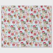 Kerstcute Teddy Bears Holly Candy Canes Cadeaupapier (Vlak)