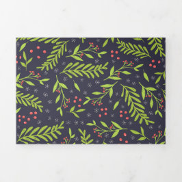 KerstCypress Snowflakes Berries Red Flowers Drieluik Wenskaart