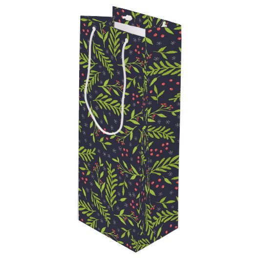 KerstCypress Snowflakes Berries Red Flowers Wijn Cadeautas (Voorkant Gekanteld)