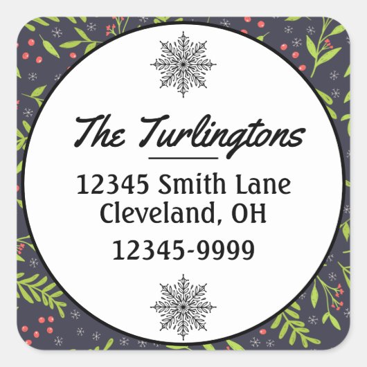 KerstCypress Snowflakes Berry Return Address Vierkante Sticker (Voorkant)