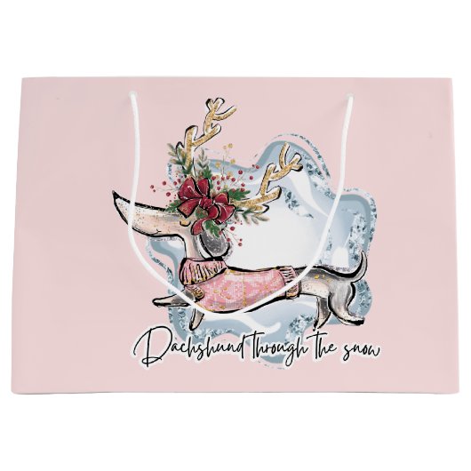 kerstdachschund door de sneeuwfeesthond groot cadeauzakje (Voorkant)