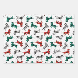 kerstdachshonden in Red Flannel Buffalo Pset Inpakpapier Vel