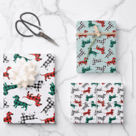 kerstdachshonden in Red Flannel Buffalo Pset Inpakpapier Vel