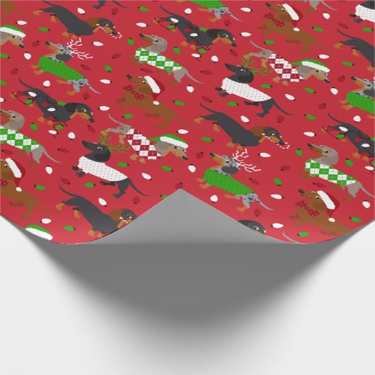 kerstdachshund, alle jassen cadeaupapier (Hoek)
