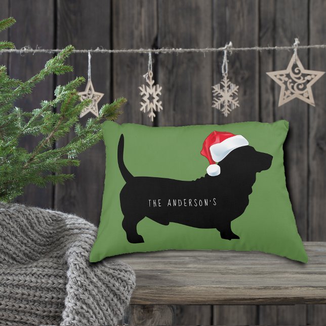 Kerstdachshund Santa Hat Monogram Accent Kussen (Christmas Dachshund Santa Hat Monogram Accent Pillow)