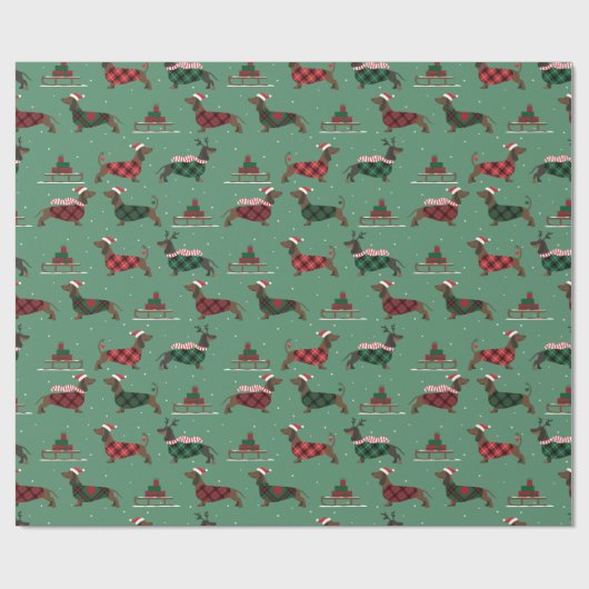 kerstdachshunds met Sweater & Santa Hat Cadeaupapier (Vlak)