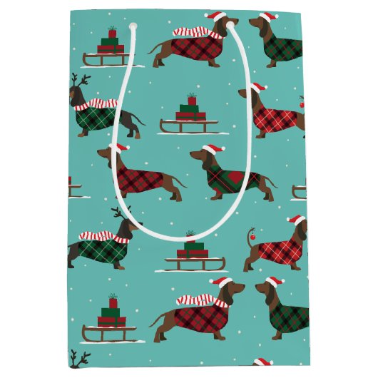 kerstdachshunds met Sweater & Santa Hat Medium Cadeauzakje (Voorkant)