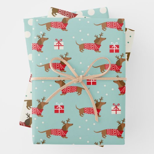 kerstdachshunds Verpakkingspapier Reeks van 3 Inpakpapier Vel (In situ)