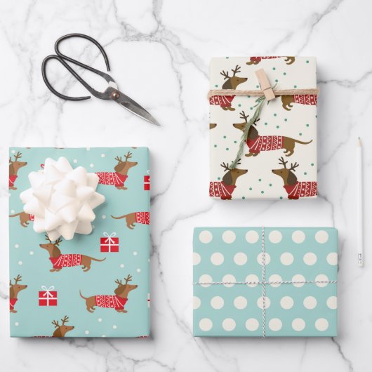 kerstdachshunds Verpakkingspapier Reeks van 3 Inpakpapier Vel (Voorkant)