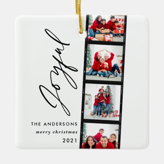 Kerstdag 4 foto-inklage typografie modern blauw keramisch ornament (Voorkant)