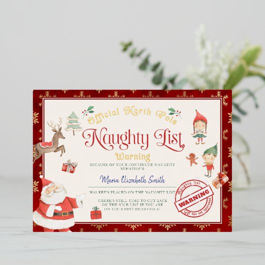 Kerstdag Certificaat Folie Uitnodiging voor Stoute (Staand Voorkant)