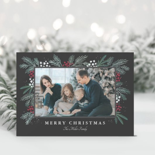 Kerstdag Foto Kaart met Groene Spray
