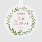 Kerstdag Foto Krans Baby's Eerste Kerstmis Rood Te Ornament (voorkant)
