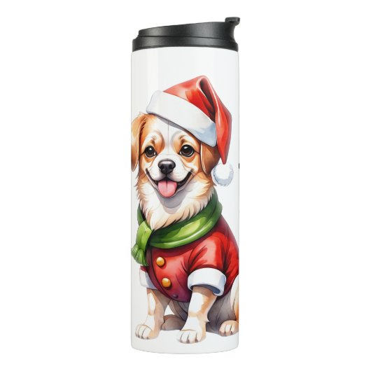 Kerstdag Puppy Draag Santa Claus Outfit Thermosbeker (Gedraaid links)