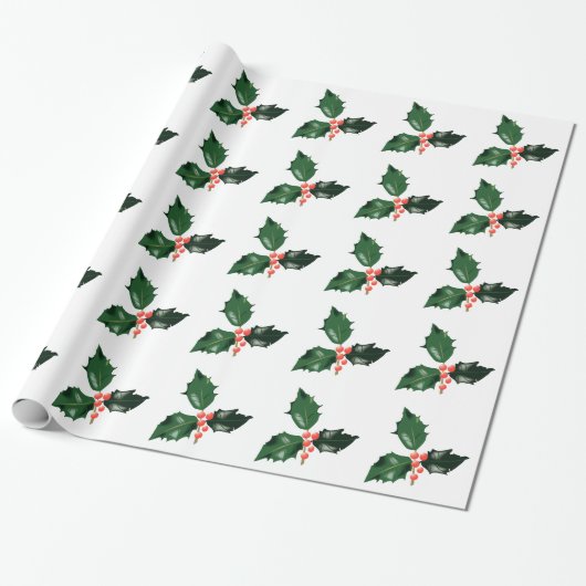 Kerstdag Rood Groene Holly Berries Xmas Holiday Cadeaupapier (Uitgerold)
