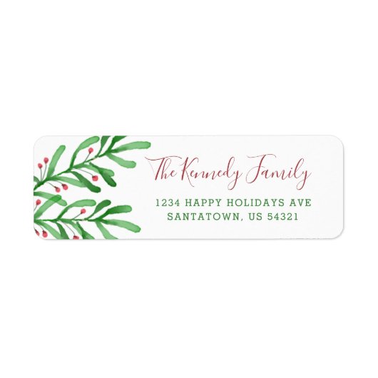Kerstdag Waterverf Berries Familienaam Holiday Etiket (Voorkant)