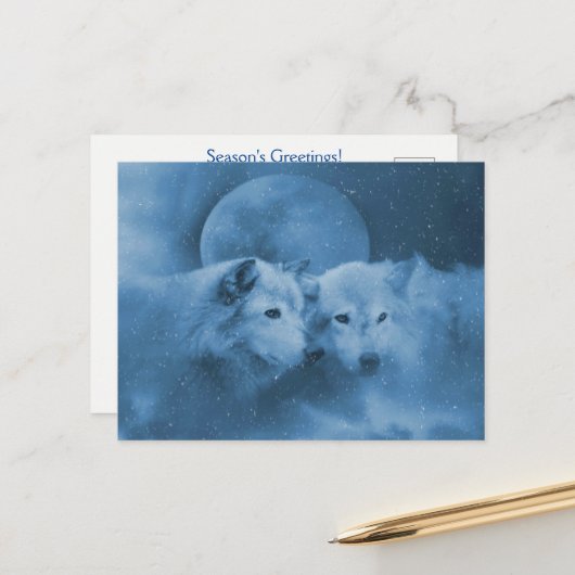 Kerstdagen Groeten met Wolven Maan Briefkaart (Voorkant / Achterkant in situ)