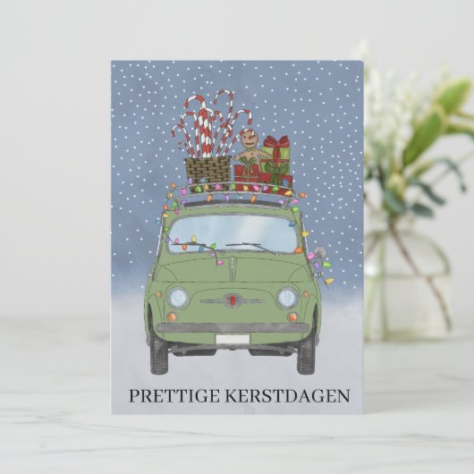 Kerstdagen Nederlandse Kerstmis Groene Fiat 500 Feestdagenkaart (Staand voorkant)
