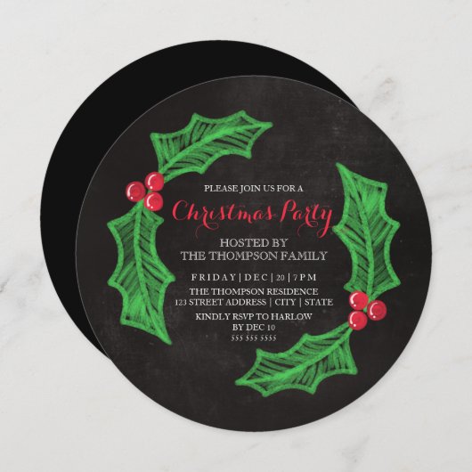 Kerstdagparty met hulstkrans en krijtbord kaart (Voorkant / Achterkant)