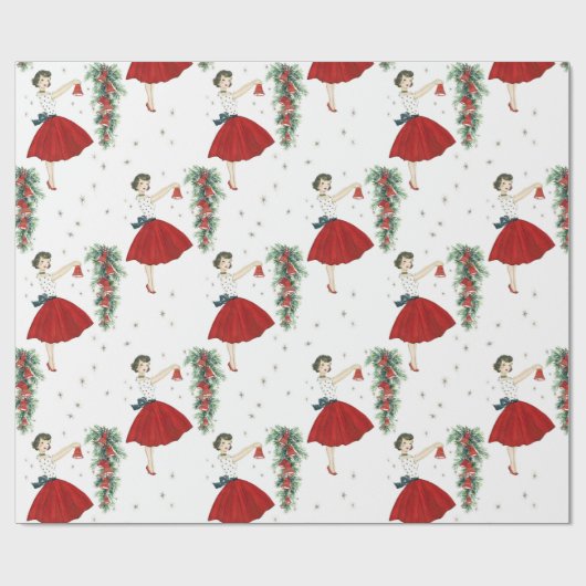 kerstdame Retro Cadeaupapier (Vlak)