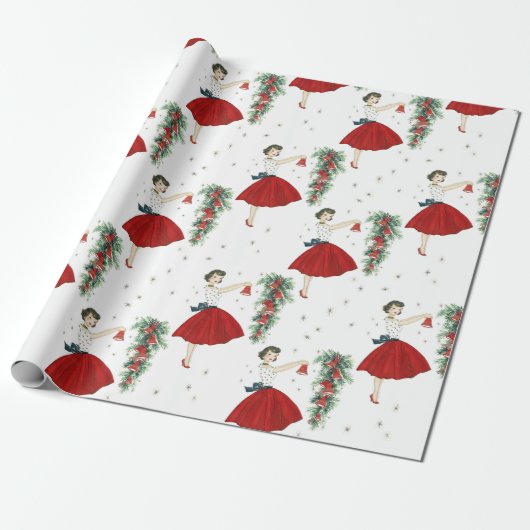 kerstdame Retro Cadeaupapier (Uitgerold)