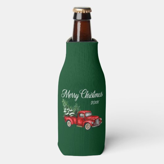 Kerstdatum Waterverf  Red Truck Green Flesjeskoeler (Fles Voorkant)