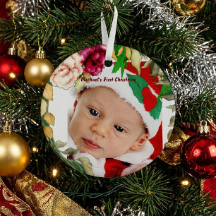 Kerstdauwrans met foto voor baby's eerste kerstfee glas ornament