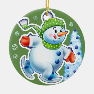 Kerstdecoratie dubbel Sneeuwmannen Sneeuwsporten Keramisch Ornament