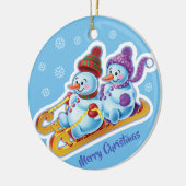 Kerstdecoratie dubbel Sneeuwmannen Sneeuwsporten Keramisch Ornament (Links)