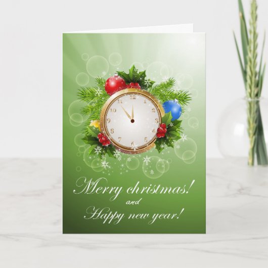 kerstdecoratie en klok feestdagen kaart (Voorkant)