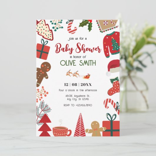 Kerstdecoratie leuk baby shower kaart (Staand voorkant)