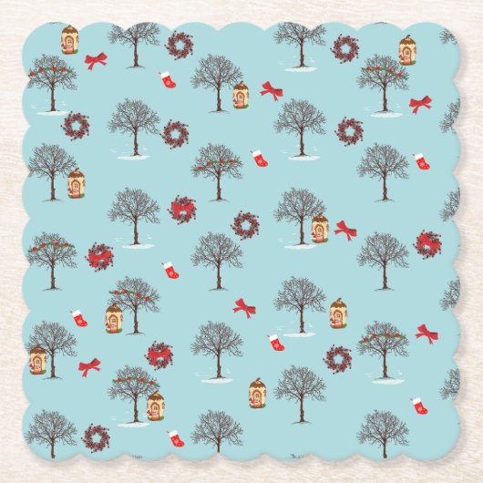 Kerstdecoraties en bomen onder sneeuw kartonnen onderzetters (Voorkant)