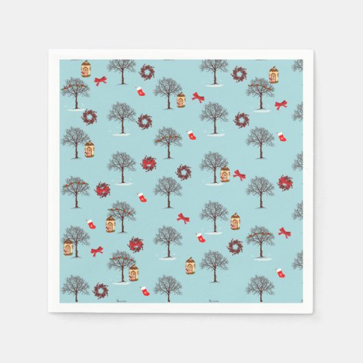 Kerstdecoraties en bomen onder sneeuw servet (Voorkant)