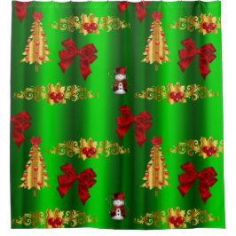 Kerstdecorpties op groen douchegordijn